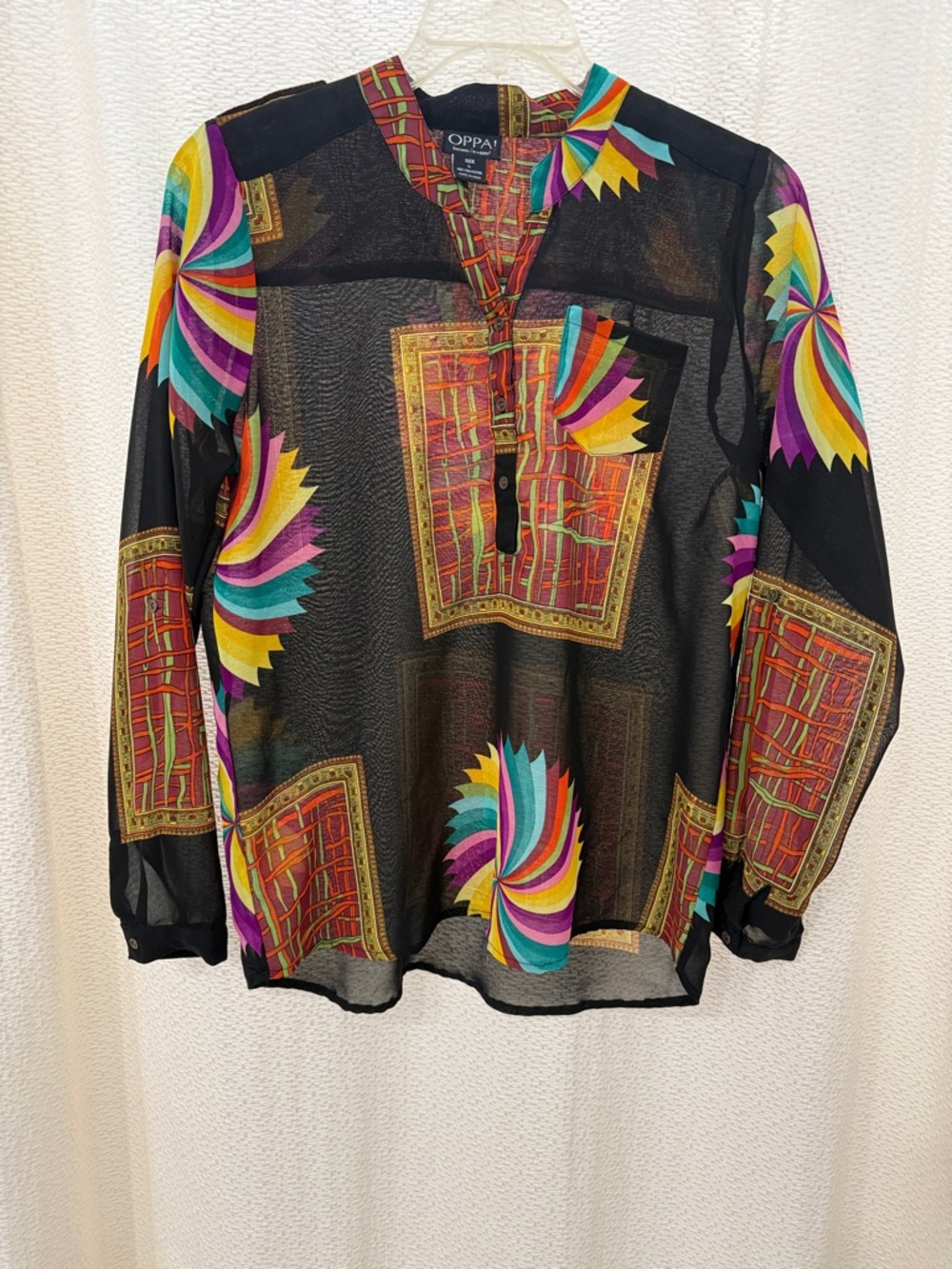 Black Sheer Geometric Multi-Color Print Blouse